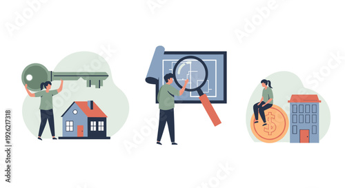Real estate investment concept with people analyzing blueprints and houses with keys and coins symbolizing property
