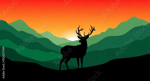 Deer Silhouette at Sunset Mountains.