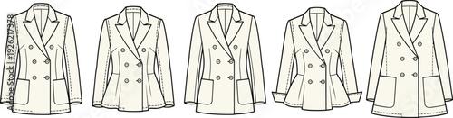 Women double breasted blazer set vector illustration, tailored formal jacket collection front view fashion template