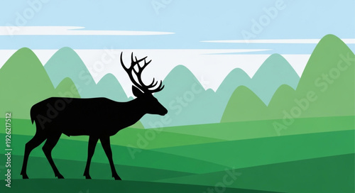 Deer Silhouette Walking in Landscape.