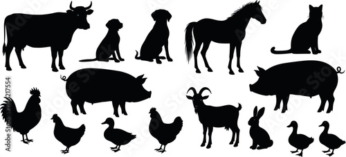 Set of farm animal vector silhouettes featuring cow horse pig goat dog cat rabbit rooster hens and ducks for design