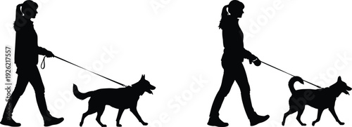Silhouettes of two women walking their dogs on leashes isolated on white background
