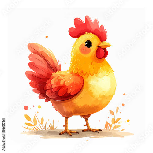 A cartoon chicken with red comb.