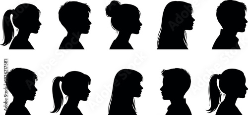 Set of ten black vector silhouettes depicting diverse children profile heads showing young boys and girls with different hairstyles isolated
