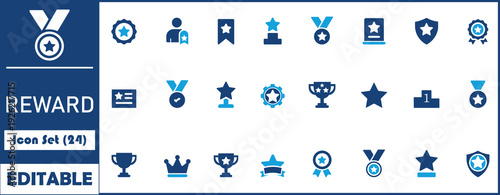Reward icon set. Containing award, prize, medal, gift, trophy, badge, points, achievement, certificate and more. Solid vector icons collection.