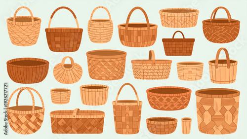 Traditional Wicker Basket Collection – Handmade Bamboo and Straw Vector Set