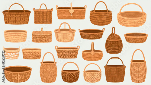 Traditional Wicker Basket Collection – Handmade Bamboo and Straw Vector Set