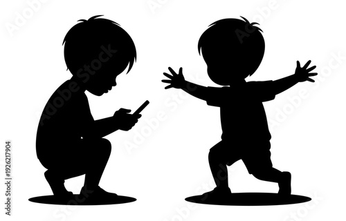 A little boy is playing games on his mobile phone and another little boy is playing outside, Silhouette Illustration