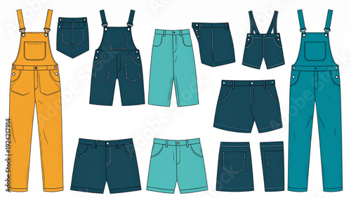 Flat Lay Short Overalls Fashion Sketches – Colorful Vector Dungaree Collection