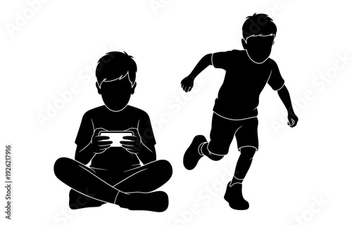 A little boy is playing games on his mobile phone and another little boy is playing outside, Silhouette Illustration