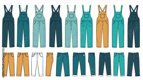 Flat Lay Short Overalls Fashion Sketches – Colorful Vector Dungaree Collection