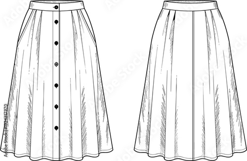 Women A line midi skirt vector illustration, front button high waist flared fashion design template