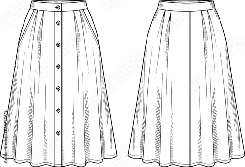 Women A line midi skirt vector illustration, front button high waist flared fashion design front and back
