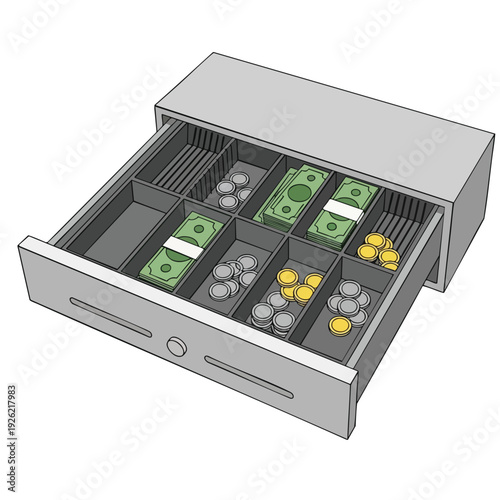 Cash Register Drawer with Cash and Coins for Retail or Business Transactions