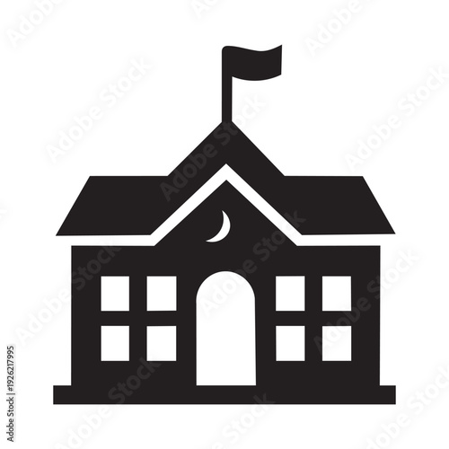 School building silhouette of a classic education facility with a flag icon.
