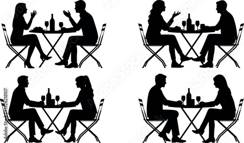 Silhouette illustration of romantic couples sitting at cafe tables drinking wine and talking together in black and white vector design