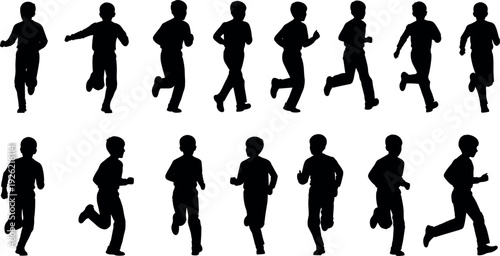 Set of vector black silhouettes of a young boy running in various motion poses isolated on a white background illustration.