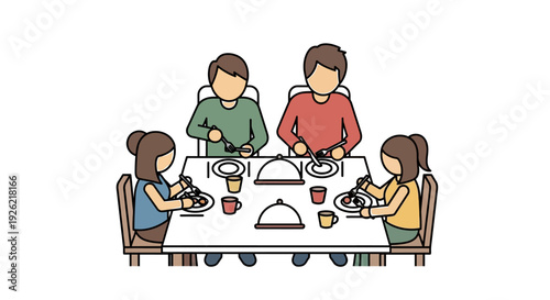 Family enjoying a meal together at a dining table with food and drinks