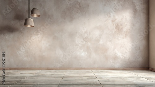 Empty Modern Interior Room with Textured Beige Wall, Wooden Floor, and Minimalist Pendant Lights