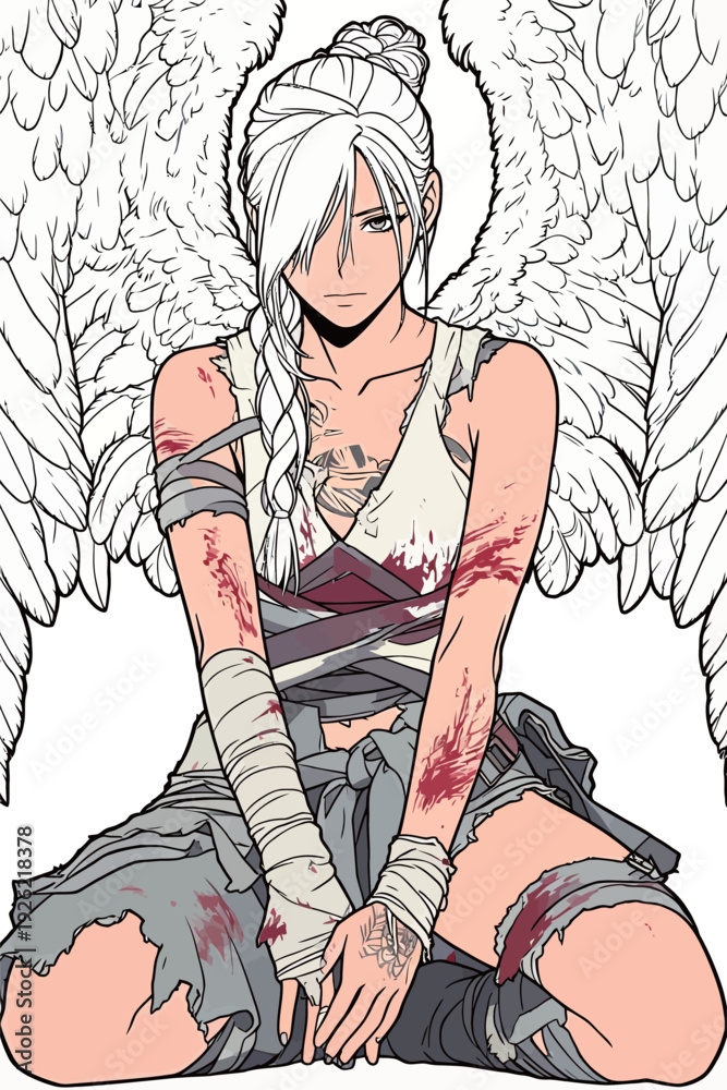 Naklejka premium A person with angel wings sits on the ground. They have injuries and wear tattered clothes. The scene shows struggle and resilience.