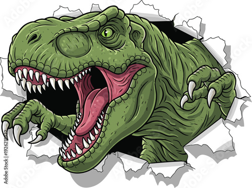 Aggressive Tyrannosaurus Rex dinosaur head breaking through wall paper background vector illustration for powerful prehistoric monster design, roaring T-Rex predator and Jurassic wildlife projects.