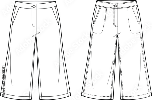 Wide leg pants technical flat sketch, front and back view vector illustration isolated on white background fashion template