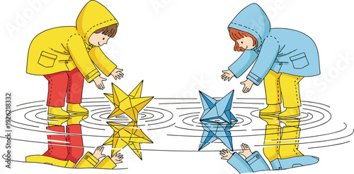 Adorable children in bright raincoats and boots playing with paper star boats in a water puddle with reflections on a white background vector.