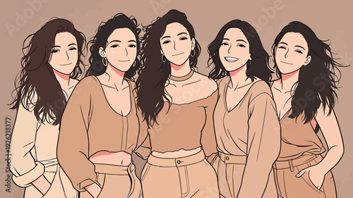 A group of five women pose together with smiles. They wear casual outfits and appear happy in a light brown background.
