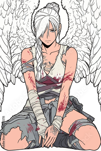 A person with angel wings sits on the ground. They have injuries and wear tattered clothes. The scene shows struggle and resilience.