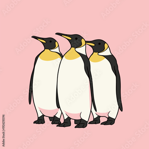 Three penguins stand close to each other against a pink backdrop. They face forward and show their distinctive colors and shapes.