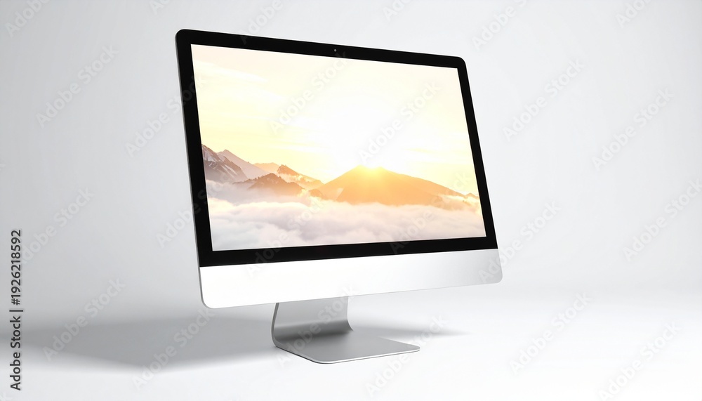 Fototapeta premium Large monitor mockup displaying serene landscape with floating mid-air device on a minimalist surface