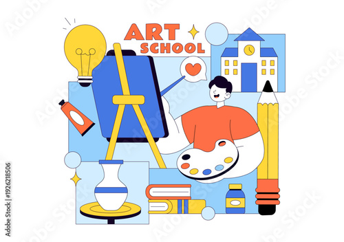 Art School Vector Illustration Featuring Children Painting a Live Model or Object Using Art Tools and Equipment in Flat Cartoon Background Design