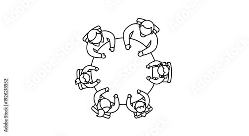 Diverse group of people holding hands in a circle, symbolizing unity and teamwork from a top-down perspective