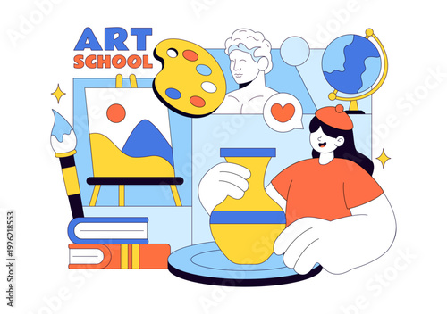 Art School Vector Illustration Featuring Children Painting a Live Model or Object Using Art Tools and Equipment in Flat Cartoon Background Design