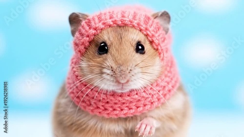 Cute hamster wearing pink knitted hat and scarf, looking forward, posing against a blue background, adorable pet portrait.