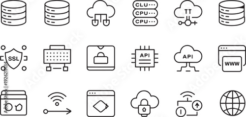Collection of essential technology and internet related icons isolated on transparent background