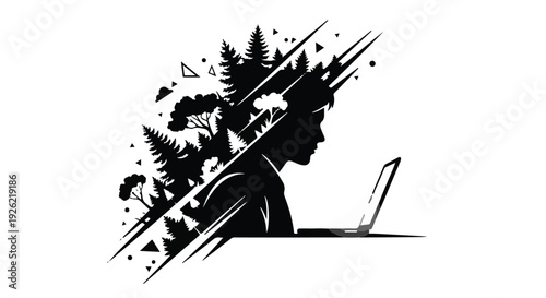Man working on laptop with nature elements integrated into silhouette, symbolizing eco-friendly technology or remote work.
