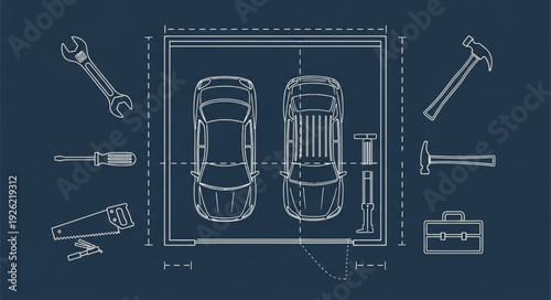 Blueprint of car assembly with tools, showing the construction process and design.