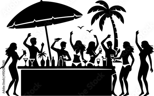 Summer Beach Party Silhouette Vector Illustration with Dancing People at Tropical Bar Sunset Scene