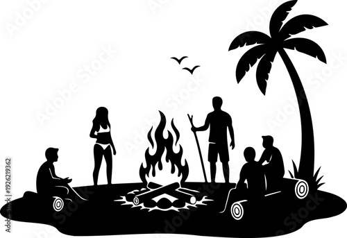 Beach Bonfire Night Silhouette Vector Illustration with Friends Camping Around Fire at Tropical Island
