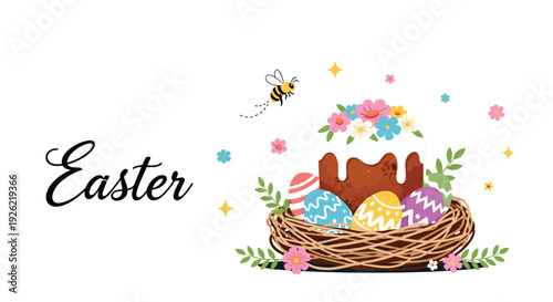 Beautiful Easter greeting card design featuring a festive cake in a bird's nest with colorful eggs, flowers, and a flying bee.