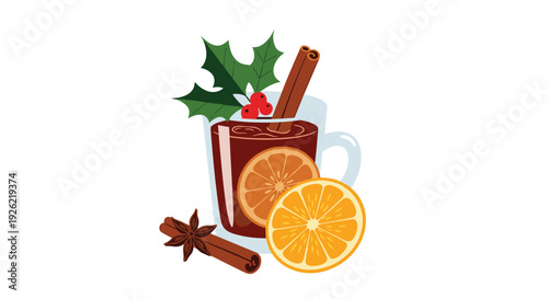 A festive glass of warm mulled wine, beautifully garnished with orange slices, cinnamon sticks, star anise, and a sprig of holly.
