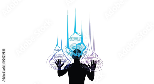 Futuristic silhouette of a person interacting with glowing data streams and abstract digital consciousness
