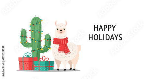 "Happy Holidays" greeting card with a cute llama wearing a scarf next to a cactus decorated with Christmas lights and gift boxes.