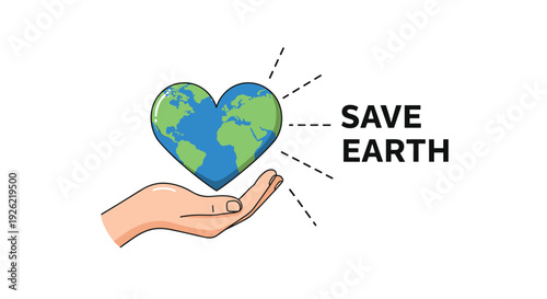 "Save Earth" concept illustration with a hand carefully holding a heart-shaped planet Earth, promoting environmental care and conservation.