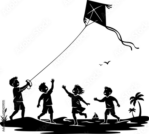 Children Flying Kite on Beach Silhouette Vector Illustration Kids Summer Outdoor Play Scene