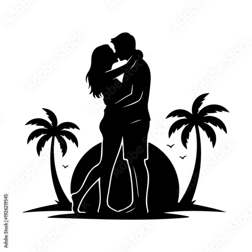 Romantic Couple Kissing at Sunset Beach Silhouette Vector Illustration Tropical Love Scene