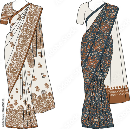 Traditional Indian saree collection vector illustration, elegant ethnic floral print sari design