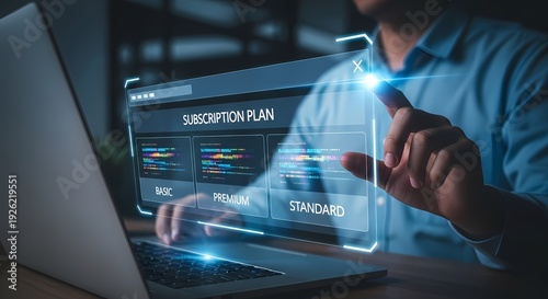 Man Interacting with Virtual Subscription Plan Interface, Choosing Service Tiers on Futuristic Digital Screen for SaaS and Online Services