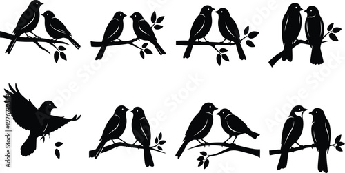A collection of black silhouette illustrations showing pairs of birds perched on branches in various poses
